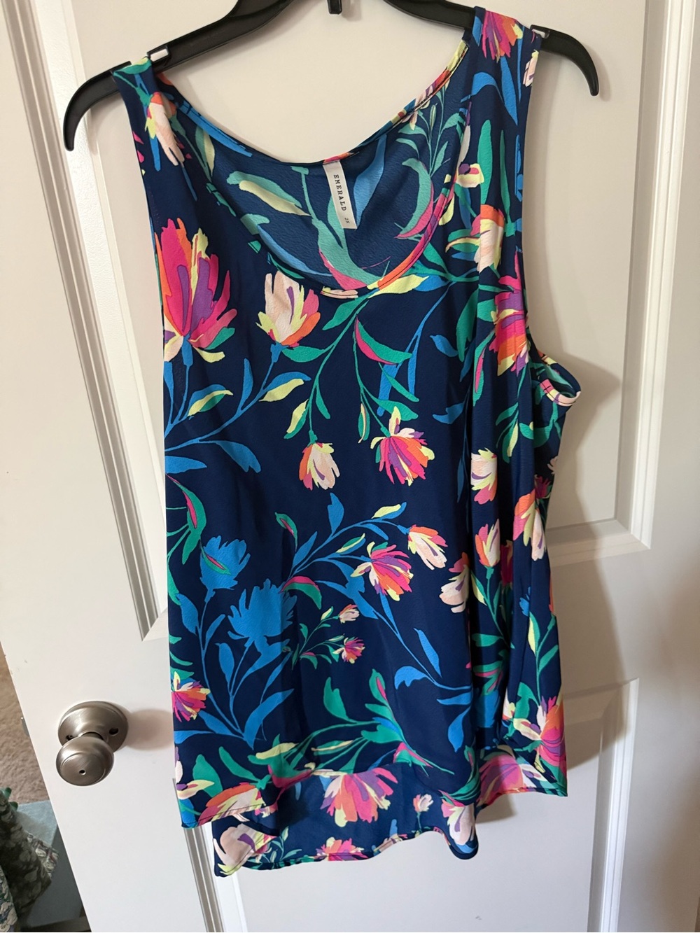 Emerald Navy Floral Sleeveless Tank with Multicolor Blooms